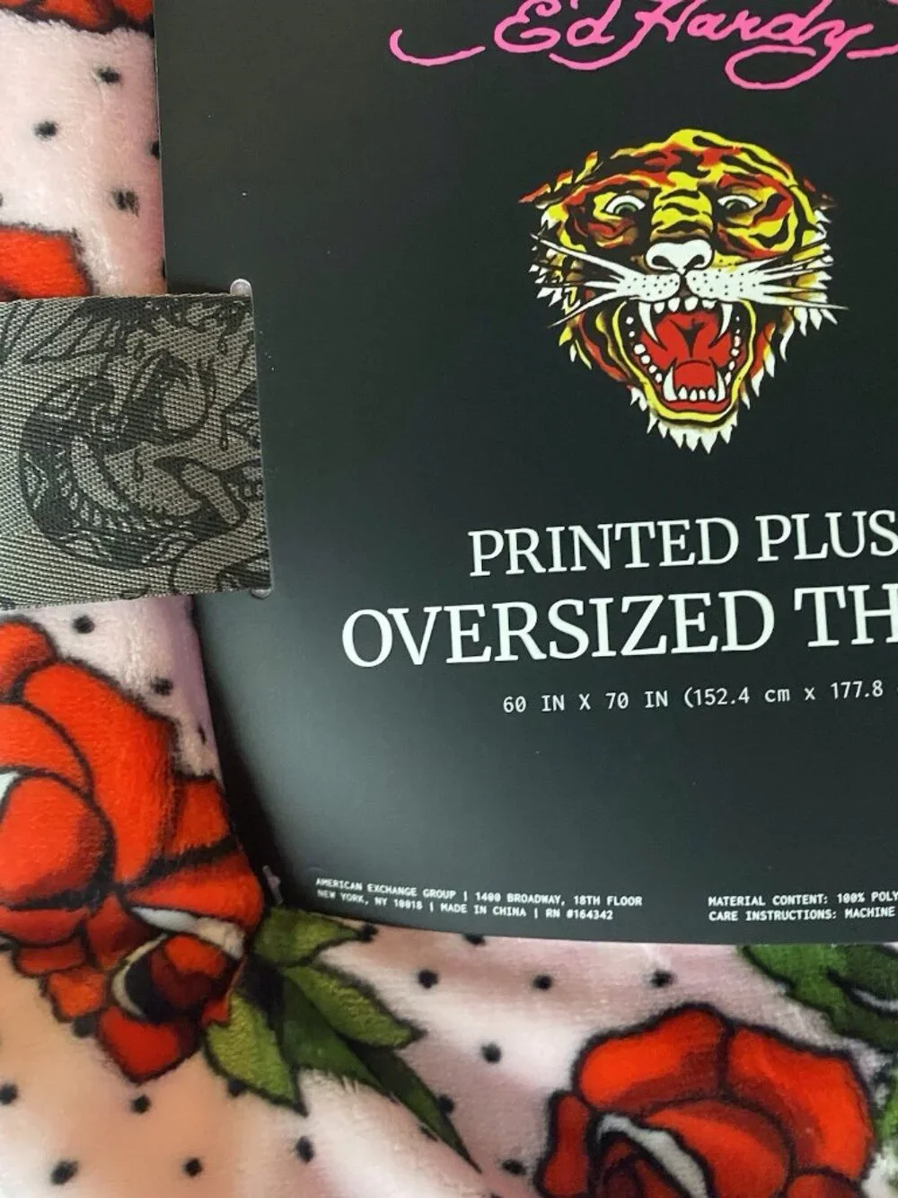 Ed Hardy Pink Plush Oversized Throw Blanket 60” X 70” Roses Polka Dots Tattoo